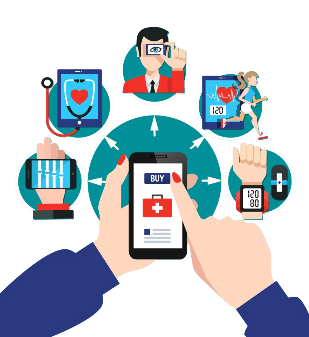 Sağlık Uygulama Tebliği Değişti 6 digital healthcare gadgets tools software with index finger choosing smartphone screen menu options
